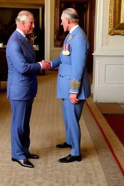The Prince of Wales in traditional dress shakes hands with a guest in a blue suit, drawing room of St James's Palace, during a reception