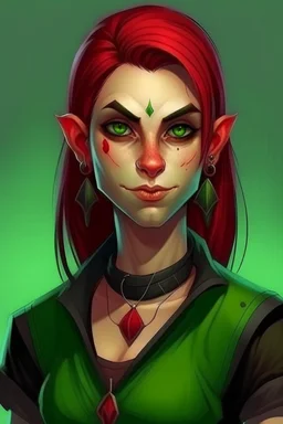 very smart half orc teenaged tomboy woman, shes strong and not pretty, her hair is dark red and shoulder length, she wears an earring and black clothing with green skin and pointed teeth, realistic style