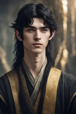 young male elven of seventeen years old, golden eyes and straight black hair, dressed in ancient cloth