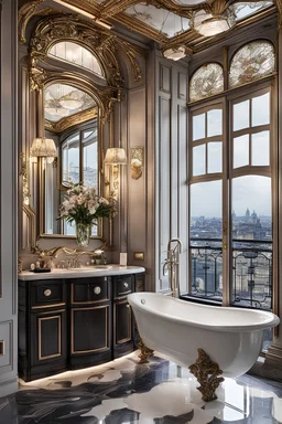 An elegant bathroom in the style of Art Nouveau with a luxurious ambiance and a view.