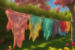 Beautiful lace tangas of different colours drying on a clothesline in a flower garden, centre, bold colours elegant fantasy 8k beautiful dynamic lighting award winning imperial colors hyperrealistic ultra detailed 4K 3D high definition crisp quality colourful hdr, backlit, in sunshine