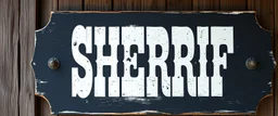 fill composition with large and wide hand painted old western sign that reads: "SHERRIF" white on black with inset white stripe aged paint