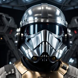 star wars bald male corellian pilot wearing dark gunmetal grey and black First Order special forces TIE pilot armored flightsuit and helmet with gold trim inside the jedi temple, centered head and shoulders portrait, hyperdetailed, dynamic lighting, hyperdetailed background, 8k resolution, volumetric lighting, light skin, fully symmetric details