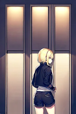 blonde girl with short jacket and shorts runs in a corridor in front at a mystery door, back view, line arts, manga style