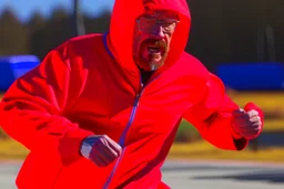 walter white in a red hoodie running away from gunfire in a marathon