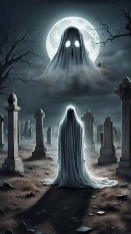 A creepy-looking ghost stands in the center of an abandoned cemetery, full moon