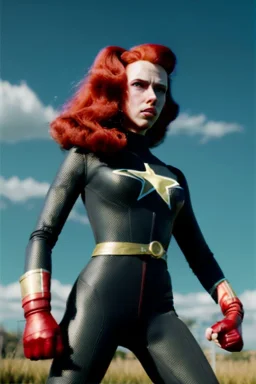 retro portrait image from 1960, sky background, wind, long red hair, fighting stance, sweet young Scarlett Johansson, black dress, classic long tight lycra black suit, gold bracelet and belt, high heel boots, superhero style, soft color, highly detailed, unreal engine 5, ray tracing, RTX, lumen lighting, ultra detail, volumetric lighting, 3d, finely drawn, high definition, high resolution.