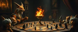 portrait painted by Rembrandt, fire breathing dragon fox at banquet, big chalice, all pieces on a huge hexagonal board game with miniature trolls