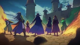 Adventurer party standing before a castle