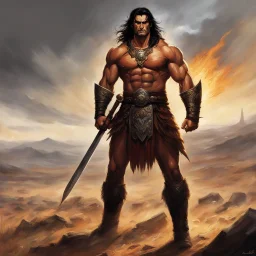 hammer: With a determined expression etched upon his face, Conan stands tall amidst the vastness of the steppe. He is a symbol of resilience and defiance, a force of nature that cannot be tamed. In his eyes burns the fire of a thousand battles, and with his warhammer held ready, he is prepared to unleash his wrath upon any who dare to challenge him.