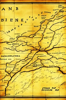 a scan of an ancient Cree Anishinaabe road map, hand drawn been stained and weathered, text is in Cree Syllabic
