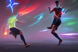 Oil painting, full body of a soccer player, he is kicking the ball, the ball is flying, bright but not neon colours, dynamic lines, dynamic blobs, spots, lines in the background of the character, splash like a colour explosion