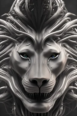  lion alien, head,8 eyes, evil, 8k, finely detailed, photo realistic, HR Giger style