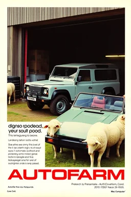 so so so so super sexy print Porsche autofarm magazine advertisement, vivid colours from the 80s, mcdonalds ad from the 80s, mac computer ad from the 80s, featuring a landrover being fixed at a farm. sheep are all over the place, company name in bold (AUTOFARM), nike print ad style, mac computer ad from the 80s, 1980s rc print advertisement