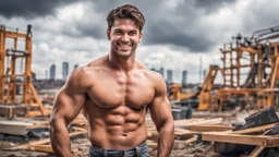 Hyper Realistic photographic-view of a Handsome-muscular-shirtless male construction worker with brown-hair-&-attractive-black-eyes giving-attractive-smile-&-posing at a construction-site with his tools at cloudy-day showing dramatic & cinematic ambiance