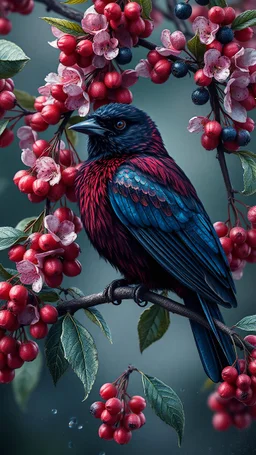 Cherry tree. A dark burgundy bird with blue and charcoal, indigo berries in brushstrokes. Art. Magical realism, phantasmagoria, edging, silk, water pointillism, pearls, diamond drops, electric fractals. 4K, beautiful, aesthetically pleasing, high level of detail. Wildlife, beautiful birds, modernism, grotesque, stylized styles of Erté, Zorikto, and Rebecca Dautremer. Vertical pixel diffusion, silver threads. Beautiful! 8K, high resolution, high level of detail.
