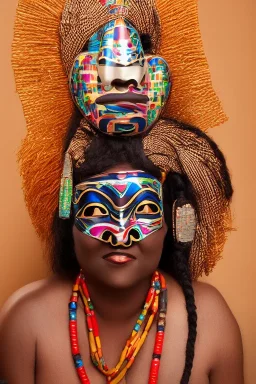 Portrait voluptuous African lady wearing a Noh mask, full body shot, full-color medium shot