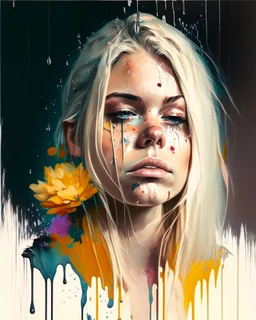 portrait, acrylic, fine drawing, blonde, woman, flowers, paint drips