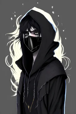 halfelf; mage; 1.70m; mask black; delicate facial; long black hair; black eyes, pale skin; depression; black clothes; black boots; hoodie; wand; black coven-background; bangs hair; potions; avatar;