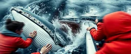 close up on scared people, collisions, aggression, ship hitting animals, animals interacting with vehicles, whales near boats, overlapping subjects, chaotic composition, distortion, surreal behavior, violence, confusion, merged objects, happiest whale ever