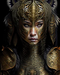 Beautiful tiger animal h és addressed woman portrait adorned with metallic filigree decadent voidcore shamanism costume armour and headress decadent gothic maljsian style organic bio spinal ribbed detail of extremely detailed maximálist hyperrealistic portrait art