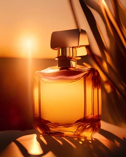 generate me an aesthetic photo of perfumes for Golden Hour Glow: Utilize the warm tones of the golden hour for a soft, glowing effect.