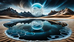 Abstract Landscape with surreal iced desert, mountains, iced water, reflections, sharp lights and shadows . The scene features circles, lines and ovals, all enhanced by overlapping, adding depth and dimension. In the scene old bones lying in sand in the right side. The sky is dramatic, filled with swirling dark clouds , creating an intense atmosphere. The color palette consists of rich, deep hues, watercolor and dark ink, like a dark dream