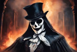 the burnt dark opera from the phantom of opera with the opera ghost hidden in the backgrund