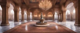 Hyper realistic detailed inside historical indian castle with chandeliers & ceiling paintings & glass work on pillars with beautiful carpet & water fountain