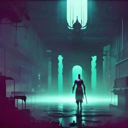 (((Album cover art))), An ((ominous ghostly figure)) standing in the dimly lit hallway of an old industrial and abandoned hospital artwork by Gris grimly, Sam spratt, Mœbius in collaboration with Mike mignola, Shaun tan, H P Lovecraft and Salvador Dali, hazy volumetric lighting, colourful horror, dark palette and neon colour, dark sci-fi horror, cinematography by Dan lausten,in frame, highly detailed, hazy, zbrush, octane render, 4K, Uncanny valley, channel zero, nightmarefuel, analog horror