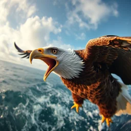 a view through an eagle's eyes capturing the hunt of prey from the sea, as if the camera were exactly where the eagle's eyes are, seeing everything exactly as the eagle sees it, targeting and hunting prey while soaring at its peak flight