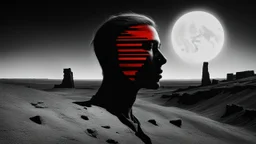 black and white portrait, a human face in profile, gaze into nothingness, three red engraved stripes on the face, behind it a surreal, barren landscape, ruins, and a black sun. dark, thriller, gloomy vibe, utopian, dramatic