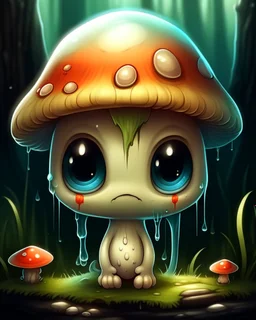 A melancholic kawaii mushroom with a tiny, frowning mouth and big droopy eyes, sitting on a mossy log in a quiet and peaceful forest, lost in its own thoughtsto add personality