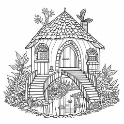 A fairy house hidden under a bridge, exact shape, real image, minimal lines, white back ground color, real style, realistic, minimalistic, minimal black line art, line art, crisp line art, unique coloring sheet, outlined, outline, crisp, crisp line edges, illustration, thin lines, crisp clear lines, line art, clean line art, unique, 8k, no colors, no dark color, no black color, avoid thick black, minimalistic line edges, pure white back ground,