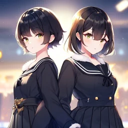 Clear focus, High resolution, fluffy black short hair, dark green eyes, wearing a black sailor uniform and pleated black skirt, fluffy hair, detailed outfit