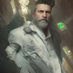 "MIddle aged white human male, with a trimmed but uneven beard, piercing green eyes with slick back hair head and shoulders portrait, 8k resolution concept art portrait by Greg Rutkowski, Artgerm, WLOP, Alphonse Mucha dynamic lighting hyperdetailed intricately detailed Splash art trending on Artstation triadic colors Unreal Engine 5 volumetric lighting Splash art fantasy"