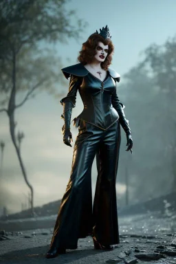 younger Rene Russo as evil queen in leather, cleavage, angry, stern look, unreal 5, octane render,cinema4d, dynamic lighting, dramatic lighting, 4k, redshift render, highly detailed, hyper realistic