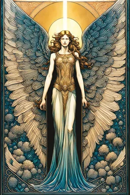 create a deeply evocative, ethereal, darkly magical engraved illustration of an epic fantasy avenging angel with highly detailed and deeply cut facial features, large outstretched wings, body covered in feathers, in the style of EDWARD BURNE-JONES, WILLIAM MORRIS, and KATHE KOLLWITZ combined with the comic art style of BILL SIENKIEWICZ and JEAN GIRAUD MOEBIUS, searing lines and forceful strokes, precisely drawn, inked, and richly colored