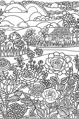 kids coloring page, rose garden, cartoon style, thick lines, low detail, no shading