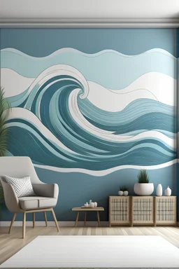 Craft a hand-painted mural featuring a whimsical pattern of wavy rectangles, evoking the tranquil beauty of ocean waves, with a cool and soothing color palette