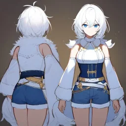 Clear focus, High resolution, rough line sketch art, short fluffy white hair, hair between eyes, fluffy hair, blue eyes, wearing a sleeveless shirt, wearing shorts, detailed outfit, lots of details, bow on belt, white belt, white and blue everywhere on outfit, cut sleeve, yellow chains around outfit