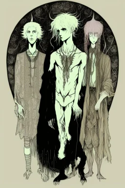 Emo, albino, teen, goat horned, satyr, alchemist, in the style of Harry Clarke