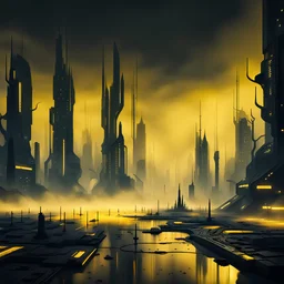 Ground level dark futuristic city scape. Yellow mist near the ground.