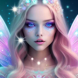  beautiful, soft, whide smile face,whole head,see full head, long blonde straight hair, blue eyes, fairy wings on the back, transparent crystal blue and pink clothes, background blue and pink, big definition, 8K