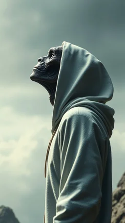 The creature from the the movie Prometheus with white hooded clothes looking up to the sky side view