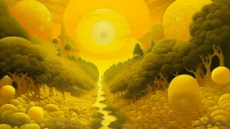 A golden yellow heavenly realm with halos painted by Edward Hicks