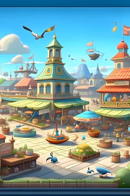 buat gambar disney pasar, di depan pasar ada jalan layang dan stasiun animasi 3d