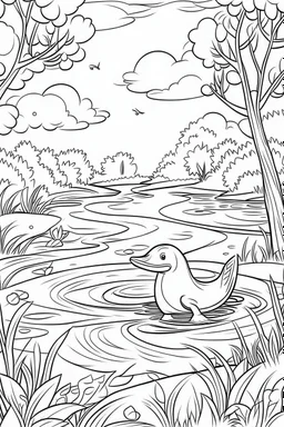 Draw a whimsical scene of a platypus exploring a riverbank, clean line art, white background, no shadows, well outlined, for kids coloring book, cartoon style.
