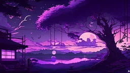 anime illustration place, high detailed, peace, calm , relax,purple glowing