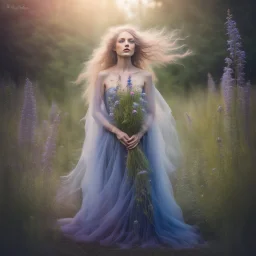 captivating conceptual portrait featuring a Swedish woman with cascading, ethereal hair and an enchanting aura. Her flowing gown is adorned with a diverse array of wildflowers, including Fireweed, Linden flower, Meadow sweet, Cornflower, St. John's wort, Stinging nettle, and Peppermint plant. Her delicate hand tenderly touches a mystical blackbird